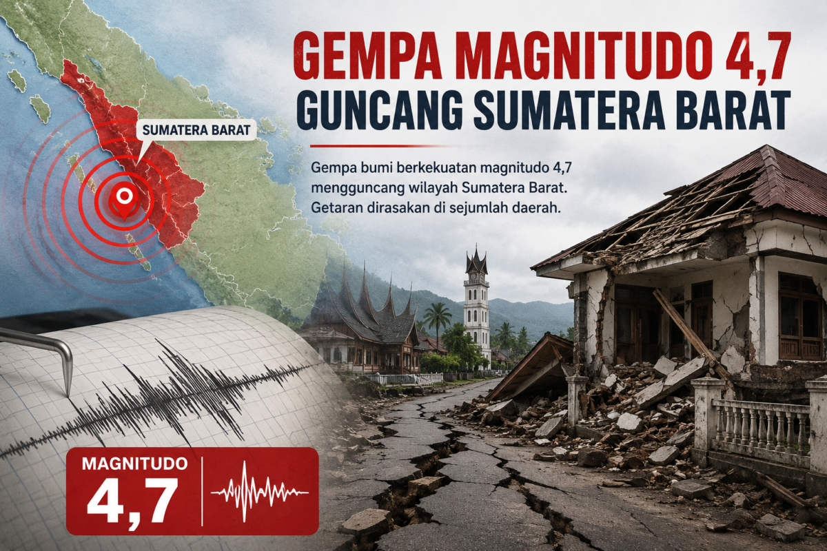 Wilayah Sumatera Barat diguncang gempa bumi tektonik berkekuatan magnitudo 4,7 pada Minggu pagi, 21 Juni 2026, pukul 09.33 WIB. (Foto : Ilustrasi Ai)