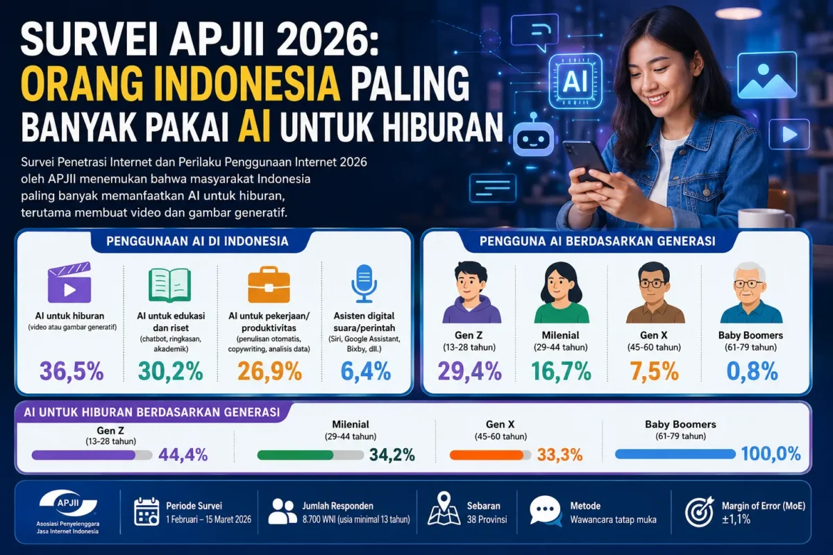 Survei APJII 2026: Orang Indonesia Paling Banyak Pakai AI untuk Hiburan (Ilustrasi: AI)