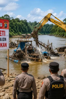 Polres Kuansing Musnahkan 24 Rakit Tambang Emas Ilegal
