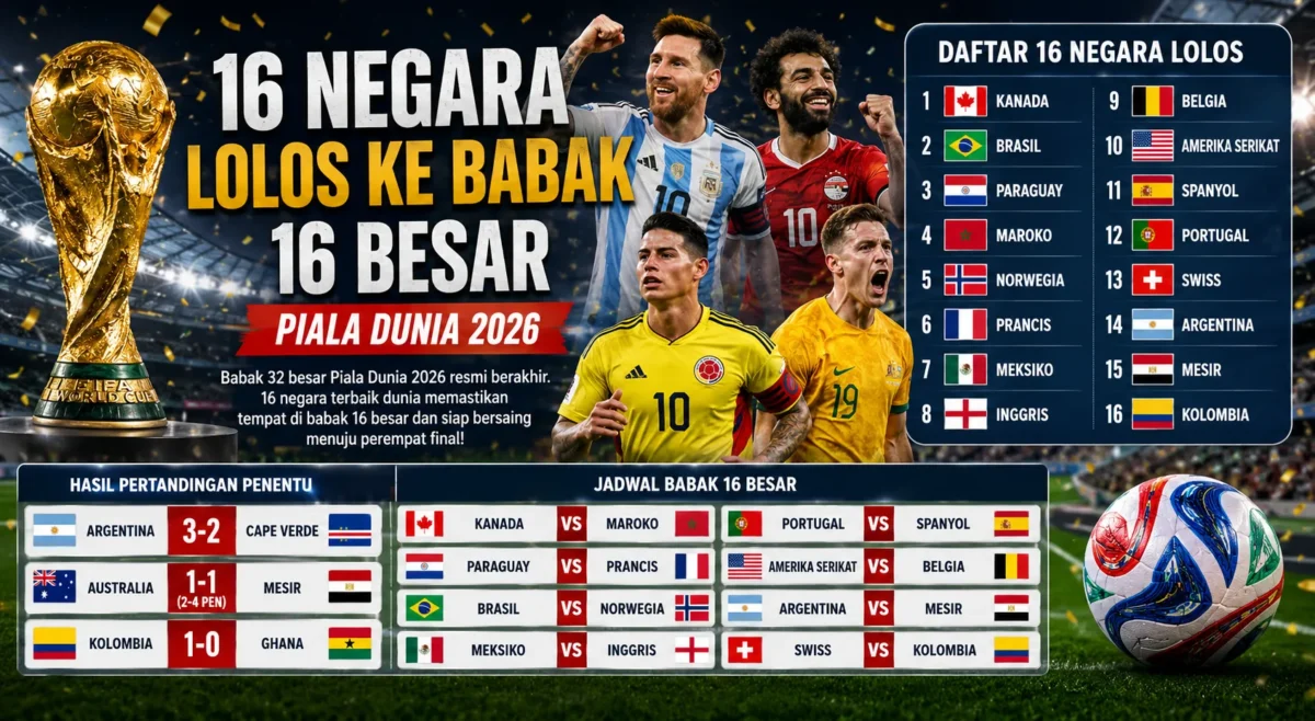 16 Negara Lolos ke Babak 16 Besar Piala Dunia 2026 Resmi Lengkap (Foto: ilustrasi AI)